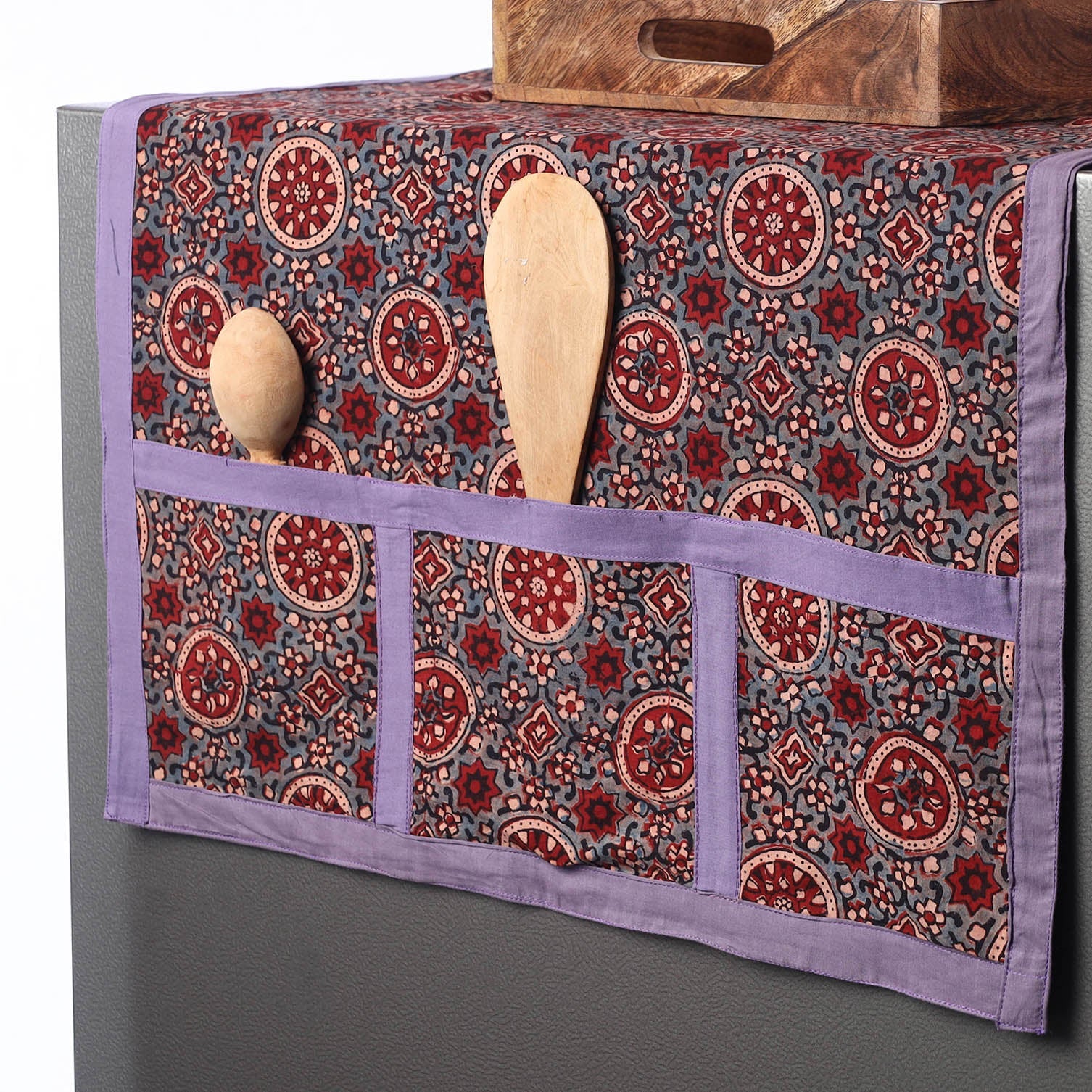 JALPARI Ajrakh Block Printed Cotton Fridge Top Cover with Multiple Pockets - view 2