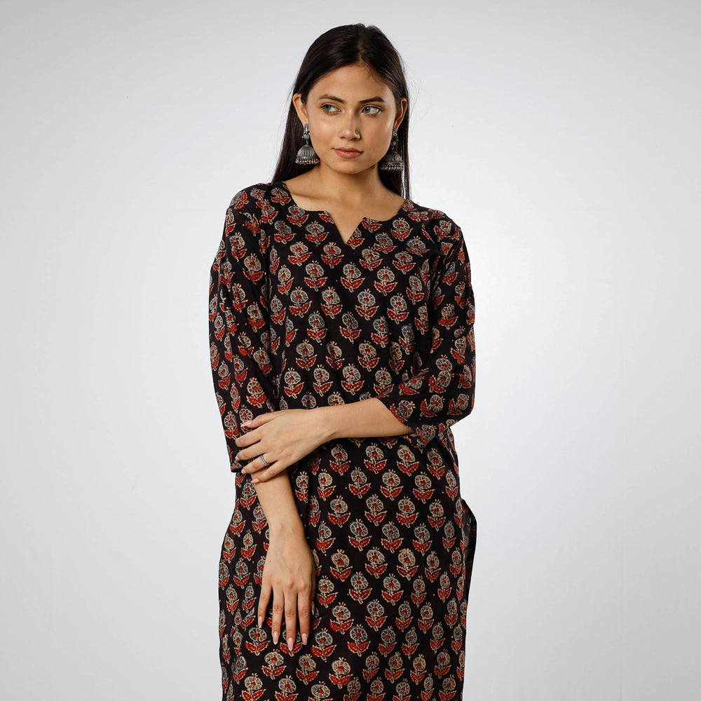 ITOKRI CASUALS Black - Ajrakh Block Printed Cotton Long Straight Kurta - view 3