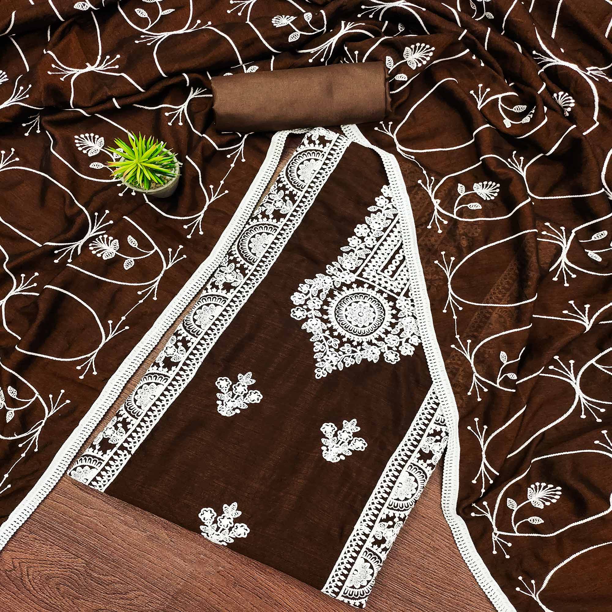 Peachmode Brown Floral Embroidered Vichitra Silk Dress Material