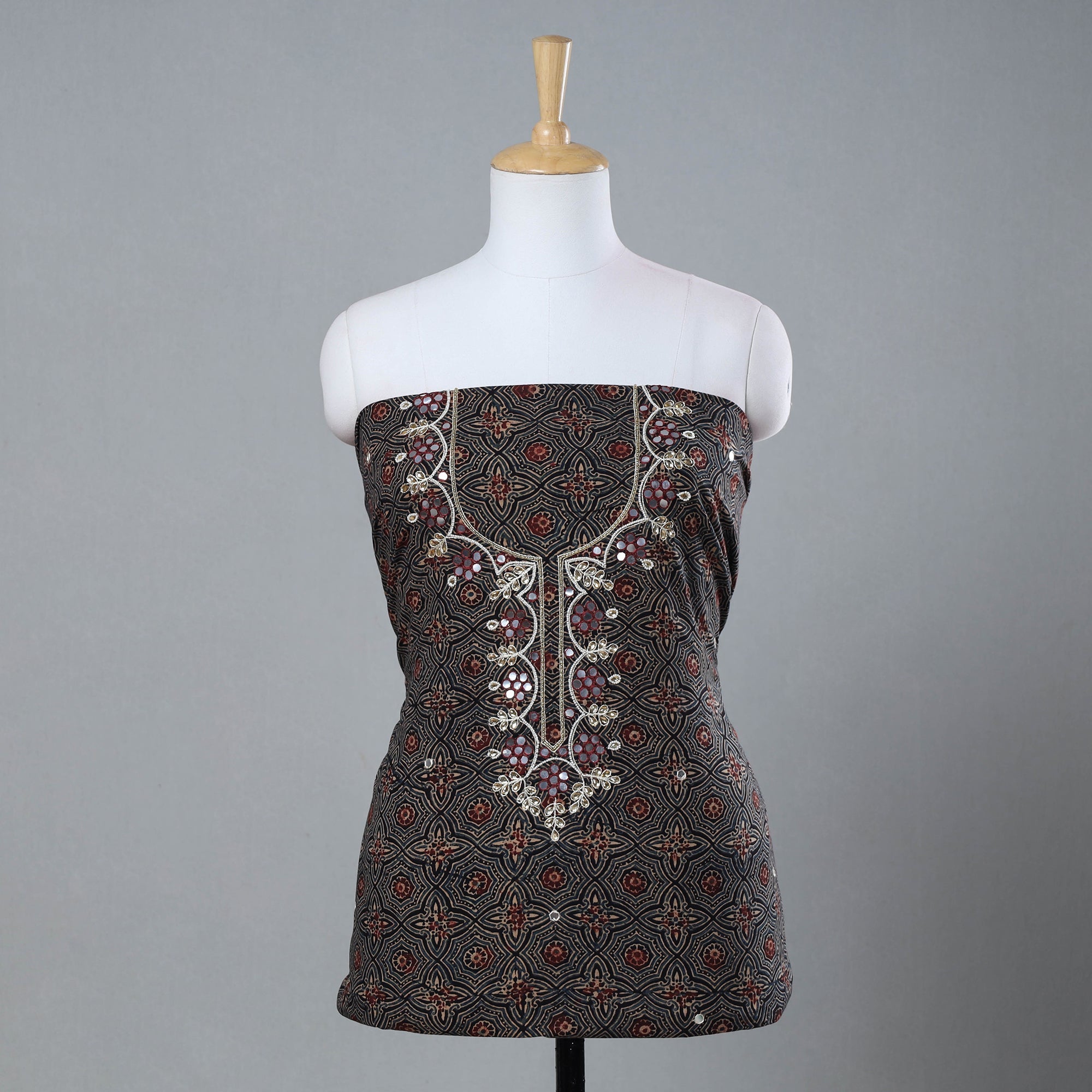 NOORI BAZAR Black - Bead Work Embroidery Ajrakh Block Printed Cotton Kurta Material - 2.6 meter