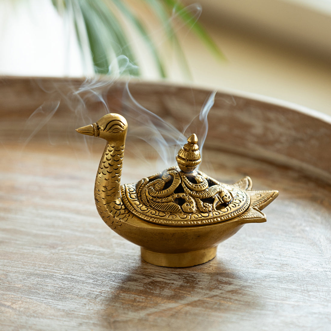 EXCLUSIVELANE 'Swan' Dhoop Dani Handcarved Brass Incense Burner (Hand-Etched, 4.3 Inches, 0.6 Kg)