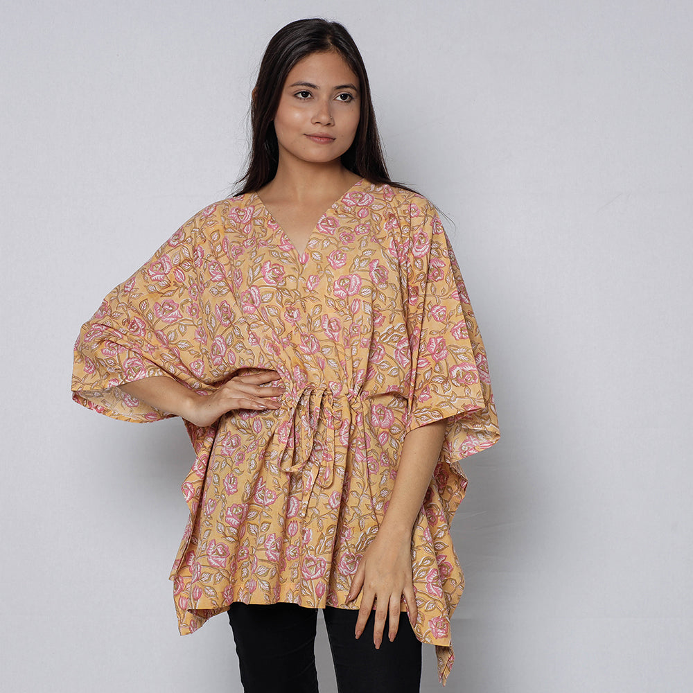ITOKRI CASUALS Beige -Sanganeri Block Printed Cotton Kaftan with Tie-Up Waist