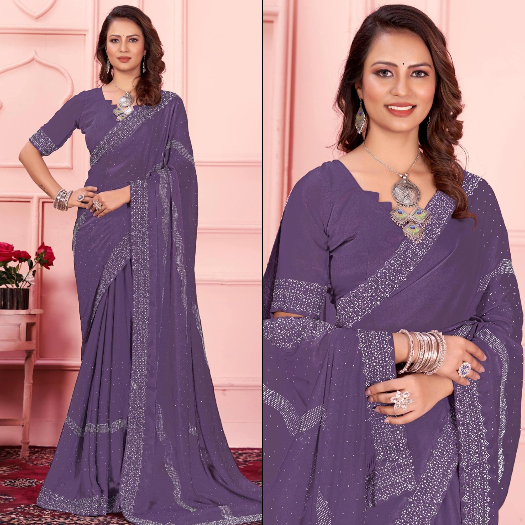 Peachmode Light Purple Swarovski Work Satin Saree