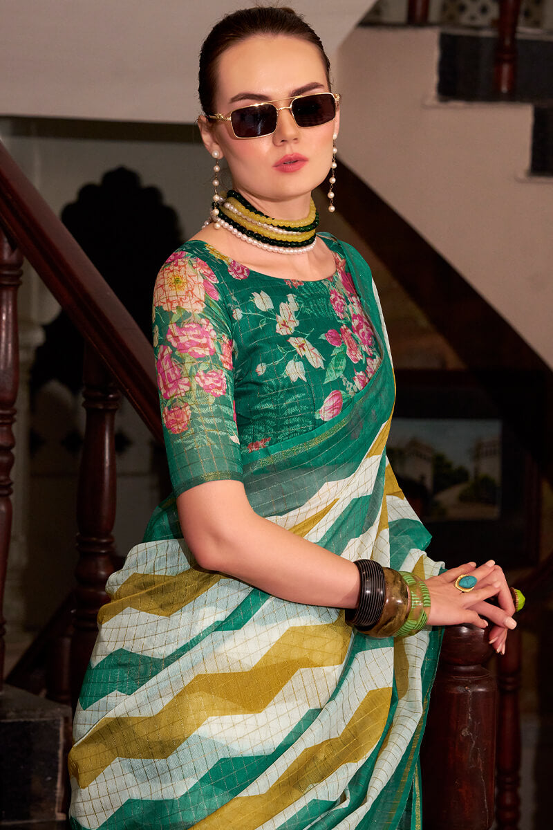 Rajpath Ratatouille Green and Mustard Digital Printed Cotton Silk Saree With Engaging Blouse Piece - view 2