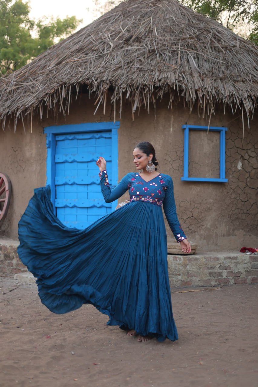 ClothsVilla Teal Blue Rayon Gown with Real Mirror Work - view 2