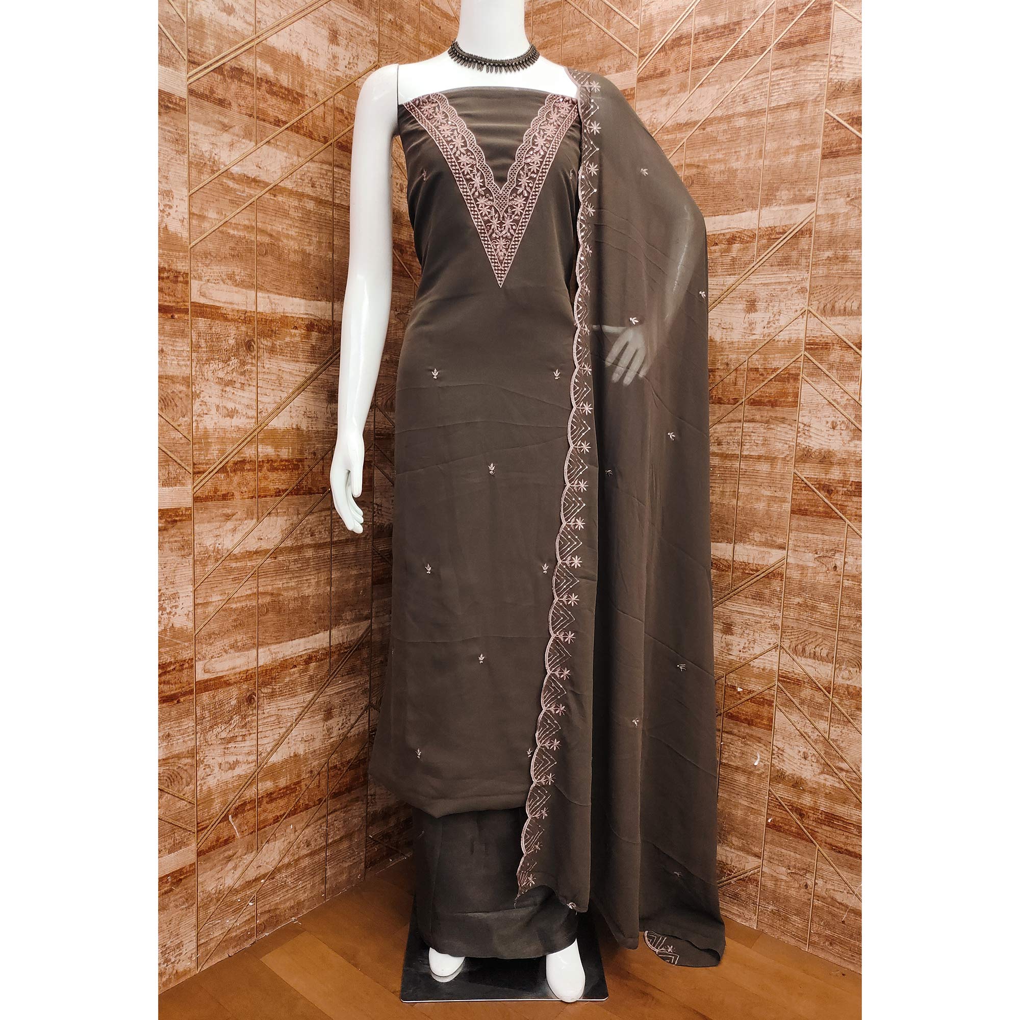 Peachmode Brown Floral Embroidered Georgette Dress Material - view 3