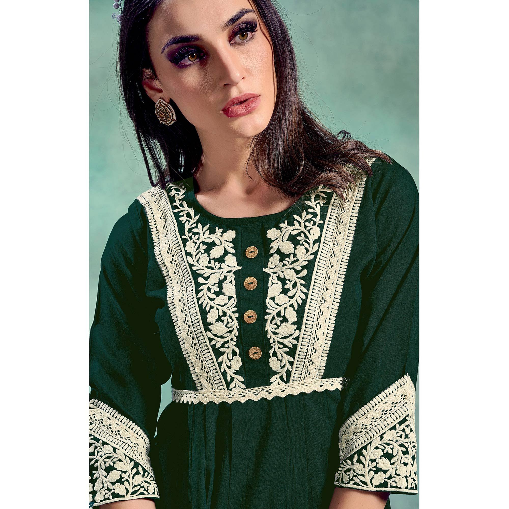Peachmode Seller Fantastic Green Colored Partywear Lucknowi Embroidered Pure Rayon Fancy Kurti - view 2
