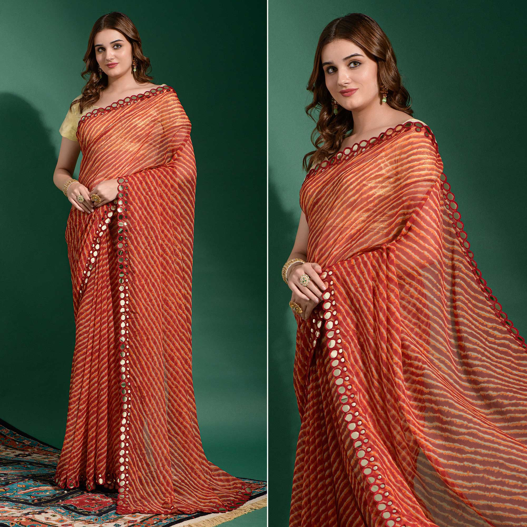 Peachmode Maroon Leheriya Printed With Embroidered Border Chiffon Saree