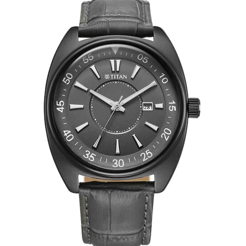 Titan Classique Tonneau Analog with Date and Grey Dial Grey Leather Strap Watch for Men 42mm 90211QL02