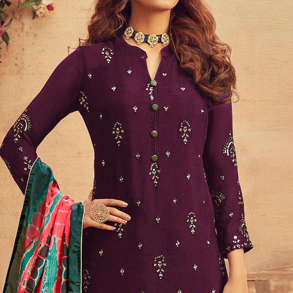 Peachmode Jazzy Purple Colored Embroidered Designer Partywear Heavy Faux Georgette Suit - view 2