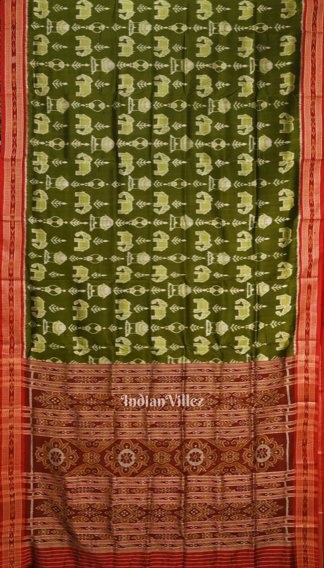 IndianVillèz Green Elephant Theme Odisha Ikat Khandua Silk Saree