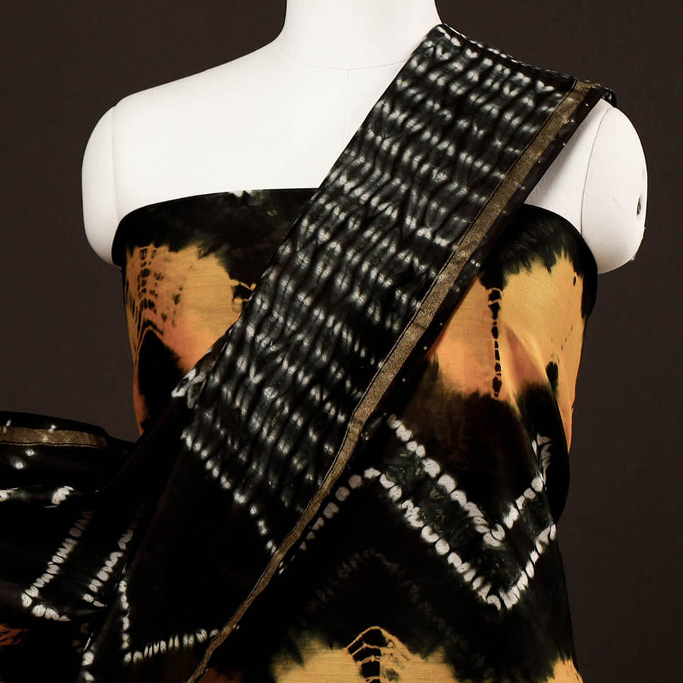 ARTISAN HAND BLOCK PRINTS Black - 3pc White & Yellow Miura Shibori Tie-Dye Chanderi Silk Suit Material Set - view 3