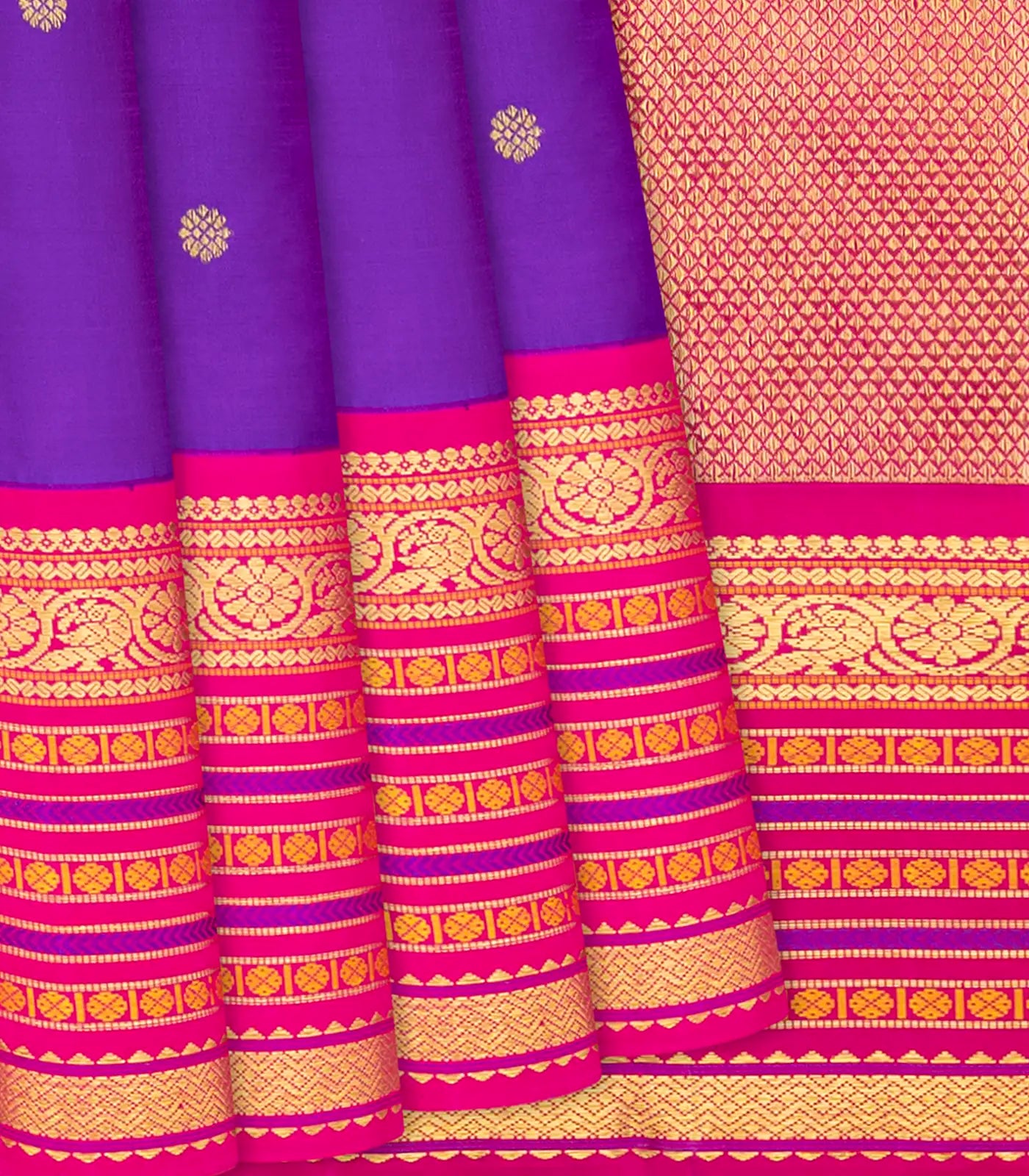 RmKV Purple Handloom Kanchipuram Korvai Silk Saree With Kamalam Buttas-Purple