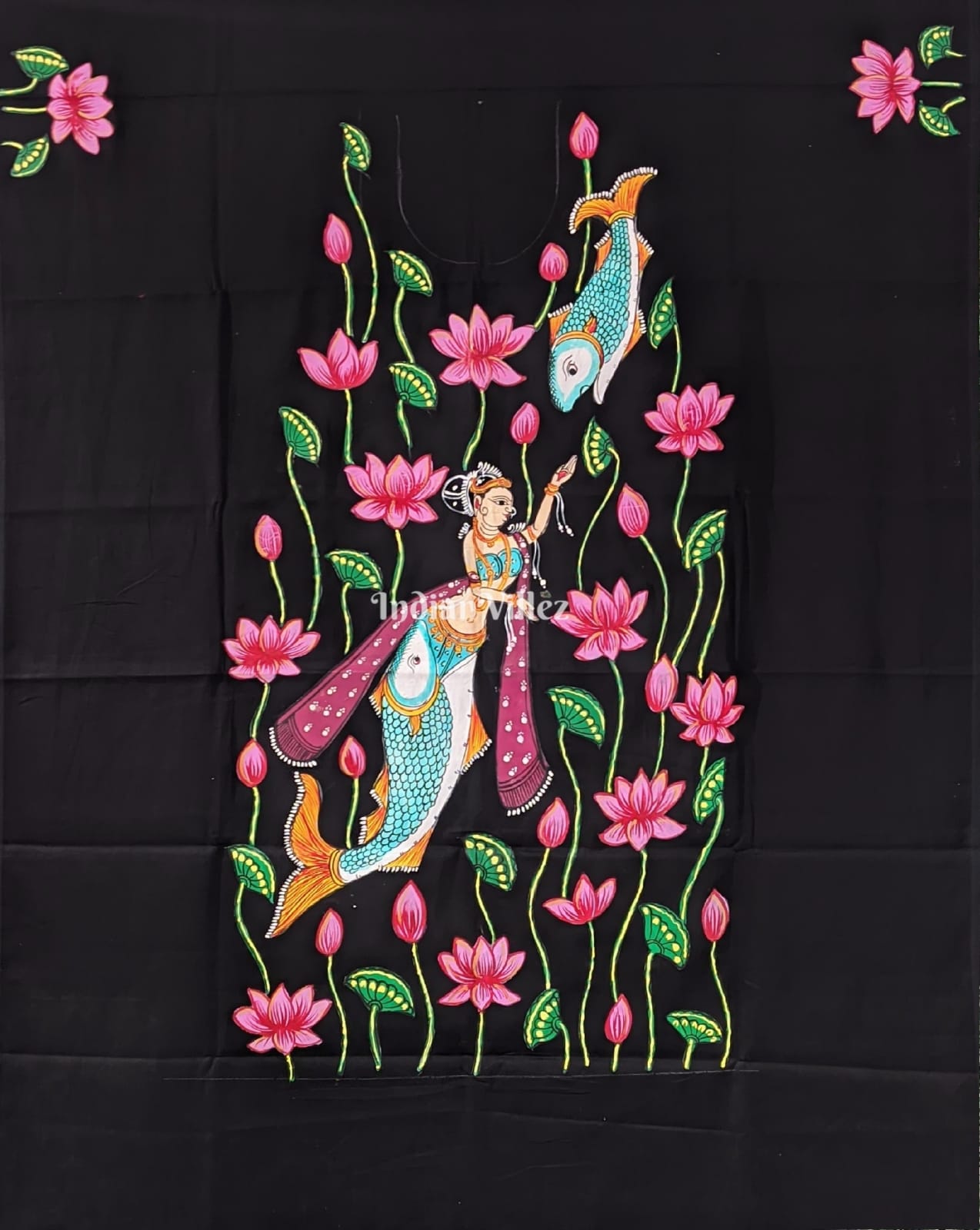 IndianVillèz Black base Matsyakanya Pattachitra Art Kurti Cotton Dress Material