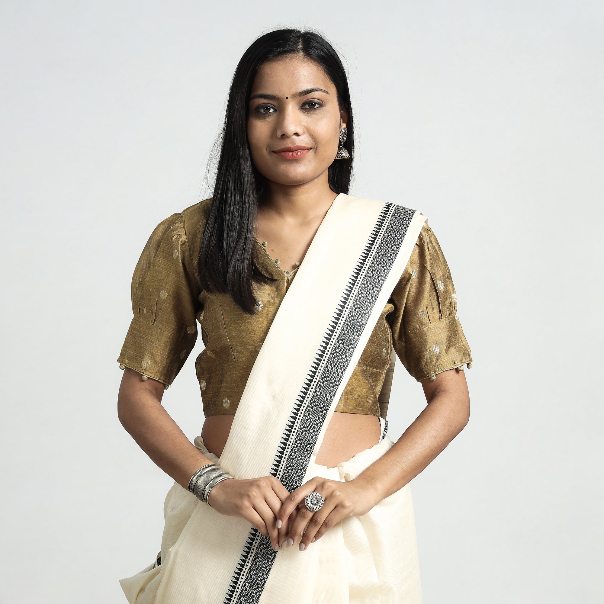 ITOKRI CASUALS Brown - Polka Dot Zari Buti Viscose Silk Stitched V Neck Blouse - view 2