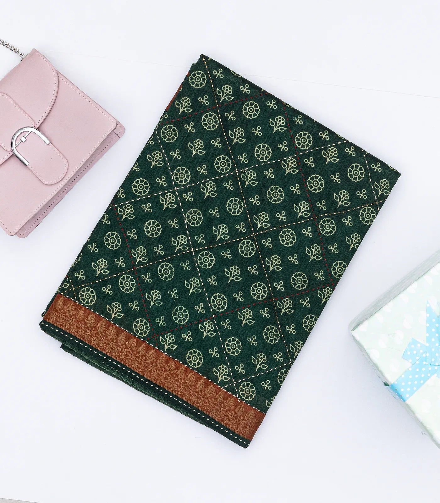 RmKV Bottle Green Handloom Tussar Silk Saree Printed With Floral Motifs
