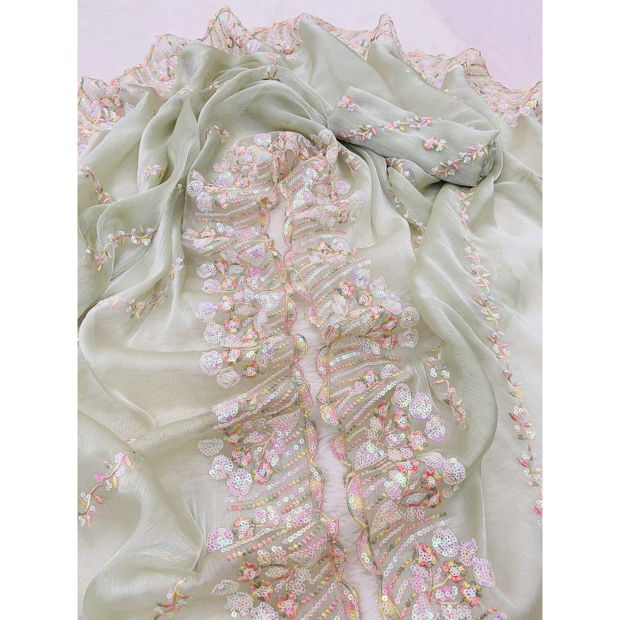 Peachmode Light Pista Green Sequins Embroidered Chiffon Saree - view 3
