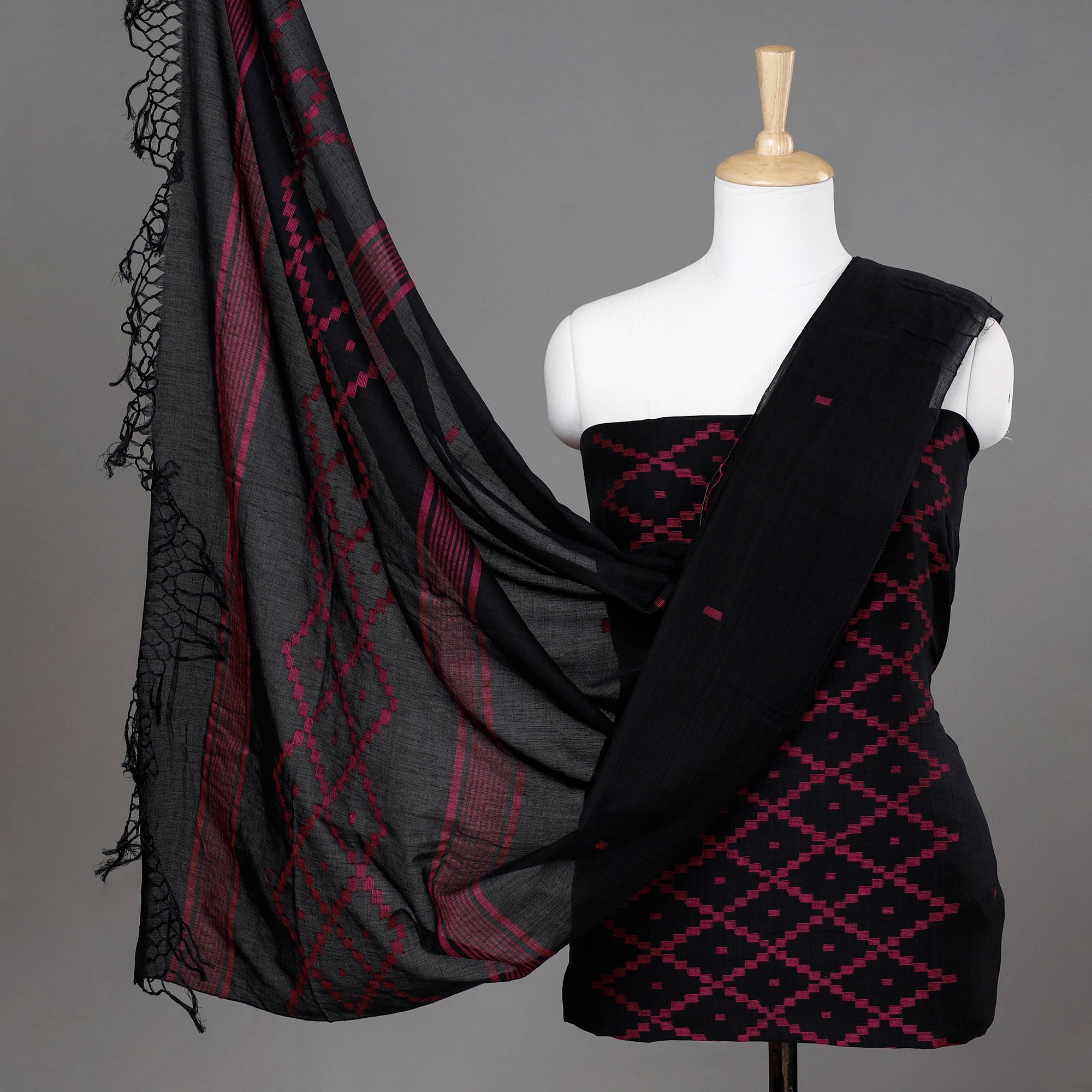 KHUSHBASH - HAPPY LOOM OF EAST Black - 2pc Phulia Jamdani Weave Handloom Cotton Suit Material Set
