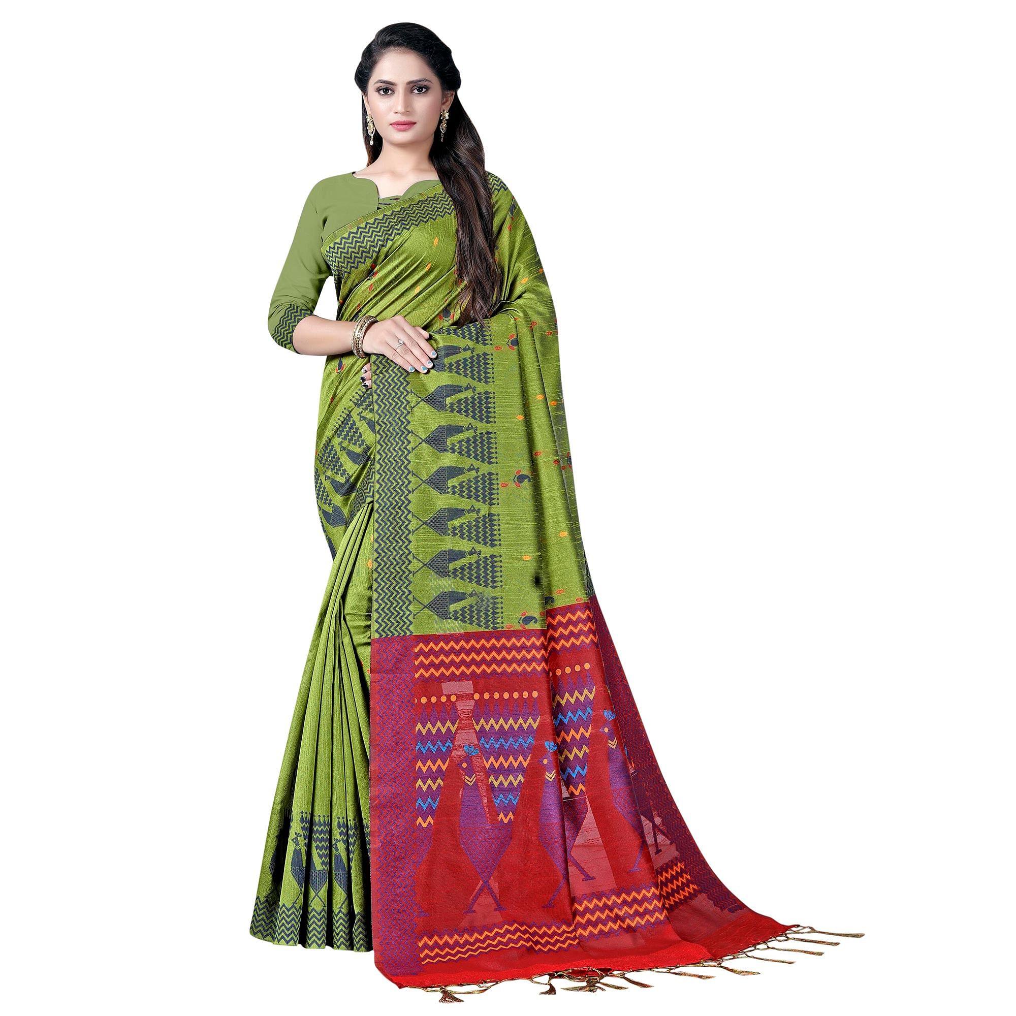 Peachmode Flirty Green Colored Festive Wear Printed Cotton Saree