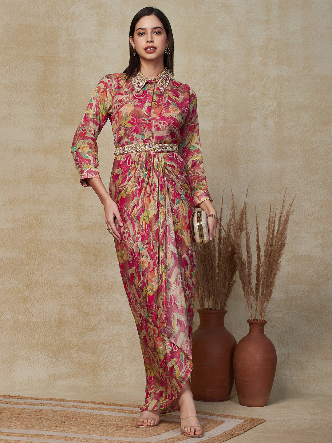 Envy Me Abstract Floral Printed & Embroidered Cowl Pleated Maxi Dress with Belt - Multi