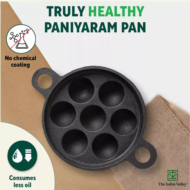 The Indus Valley Super Smooth 7 Pit/Cup Cast Iron Paniyaram/Appe Pan+ Free Spatula, Pre-seasoned, Natural Nonstick, 100% Pure, Toxin-free, 18.9cm, 2.2 - view 4