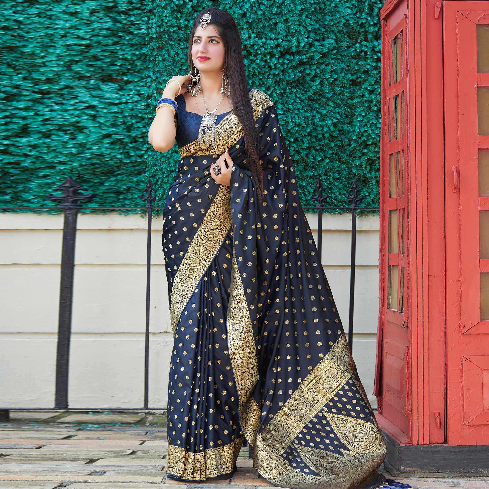 Peachmode Glorious Dark Blue Colored Festive Wear Woven Banarasi Silk Saree