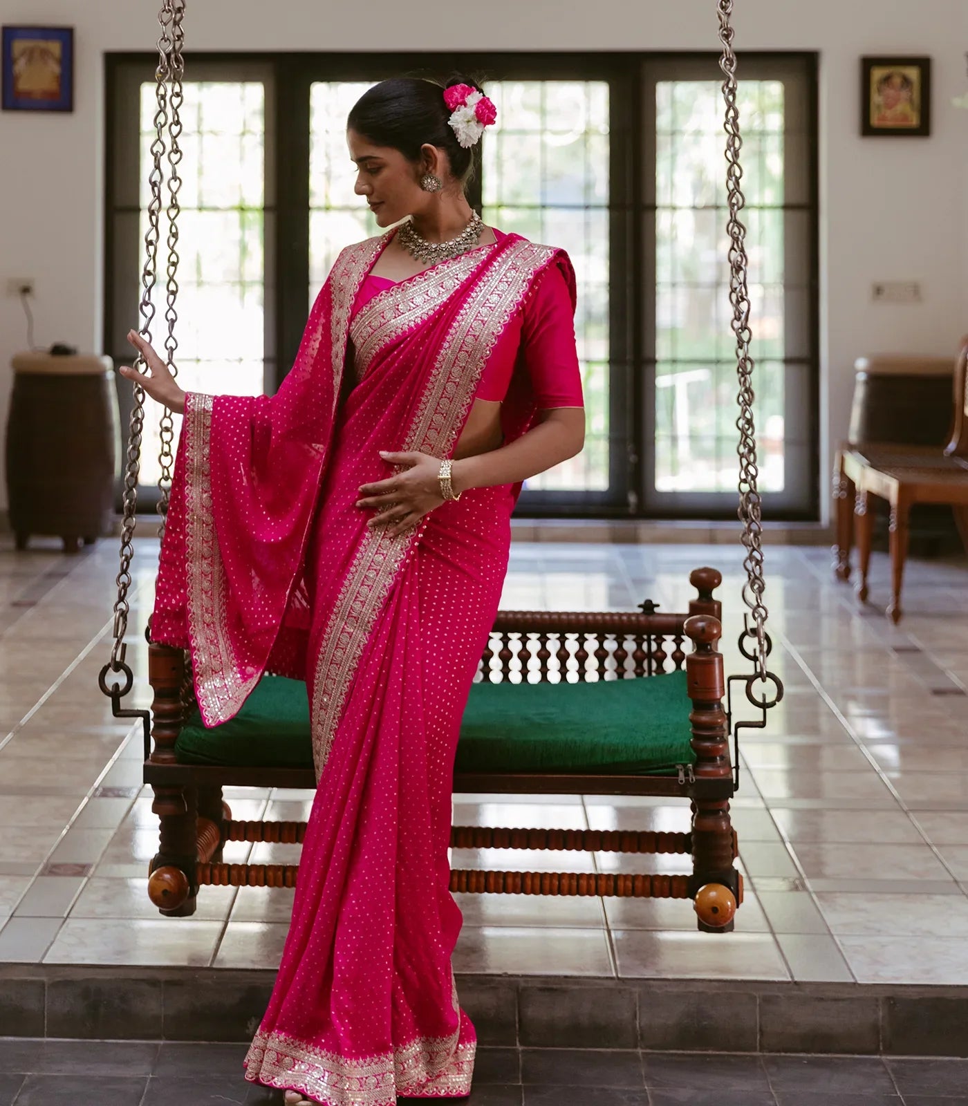 RmKV Pink Woven Georgette Saree With Floral Embroidery - view 2