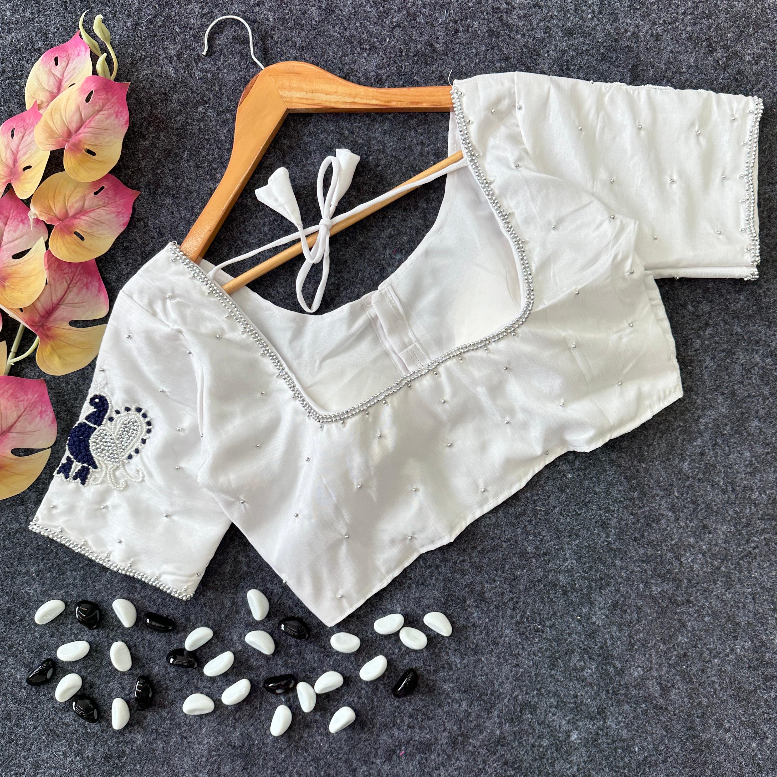 ClothsVilla White Party Wear Blouse in Lemon Silk with Elegant Handwork and Knot Design - view 2