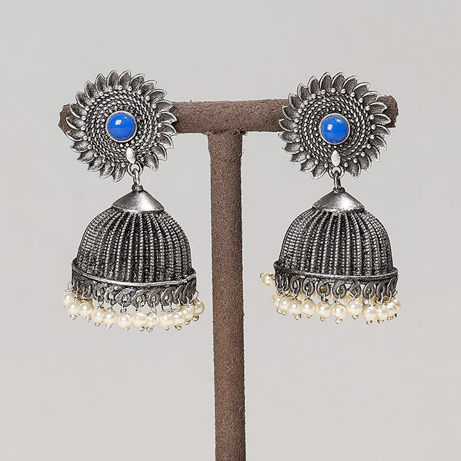 WHITE RIVER STORIES Antique Silver Finish Oxidised Brass Base Jhumki Earrings - view 2