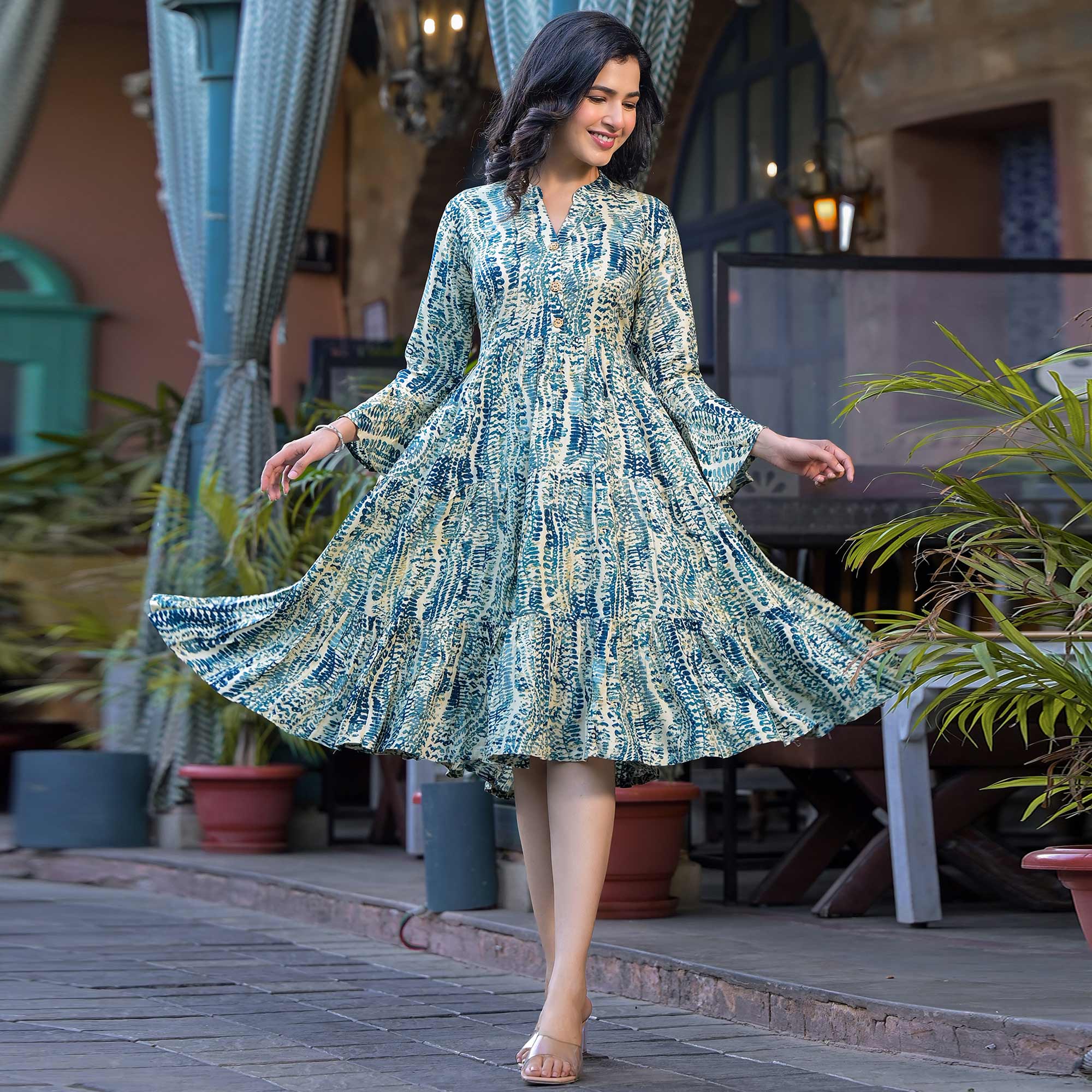 Peachmode Morpich Blue Printed Rayon Anarkali Dress