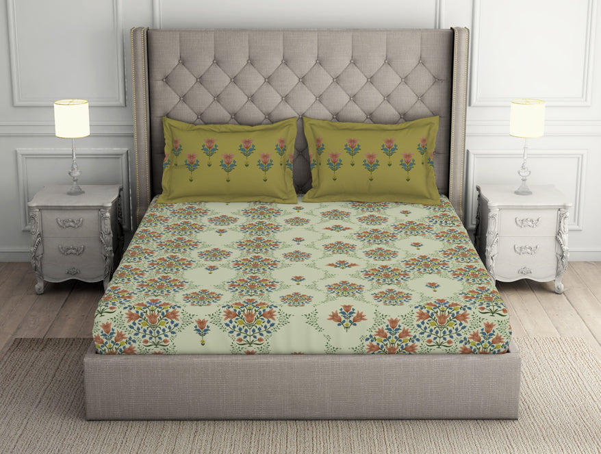 Spaces India Floral Pear Sorbet - Light Yellow 100% Cotton Double Bedsheet - Queens Garden By Spaces