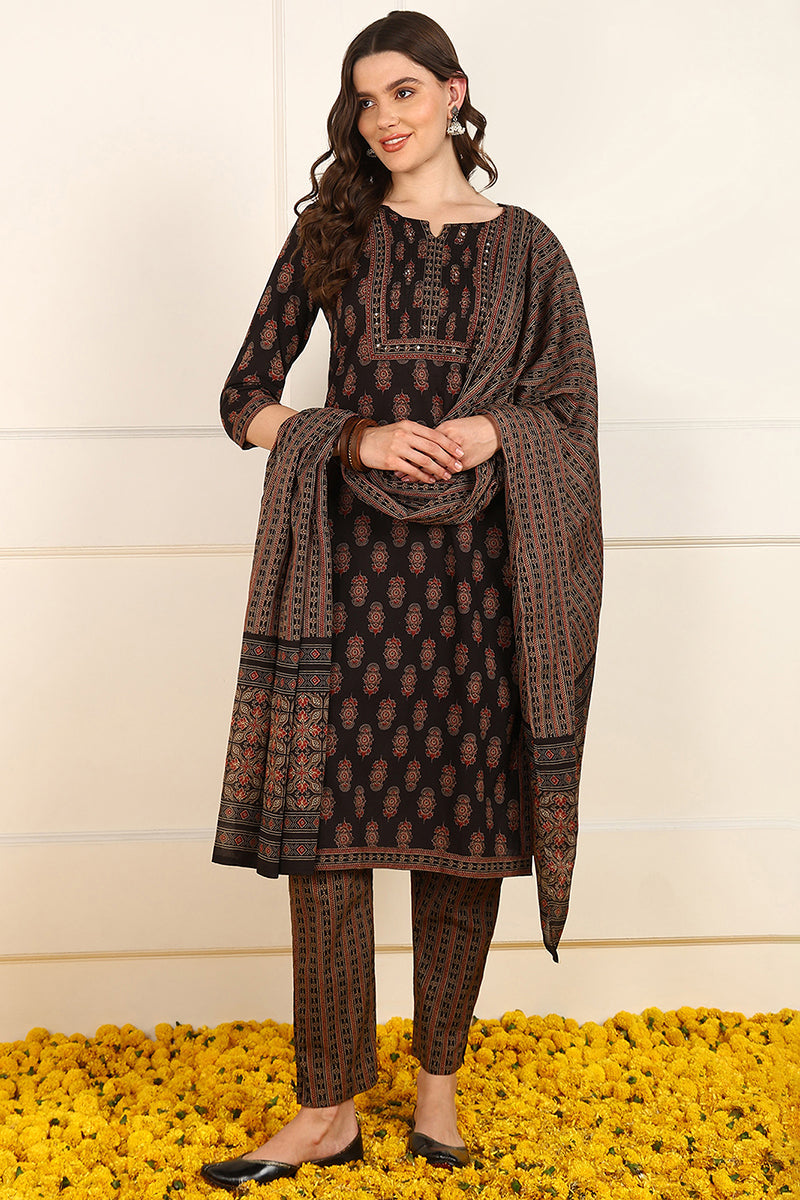 Ahika Brown Cotton Floral Printed Straight Suit Set JPSKD1007BRN