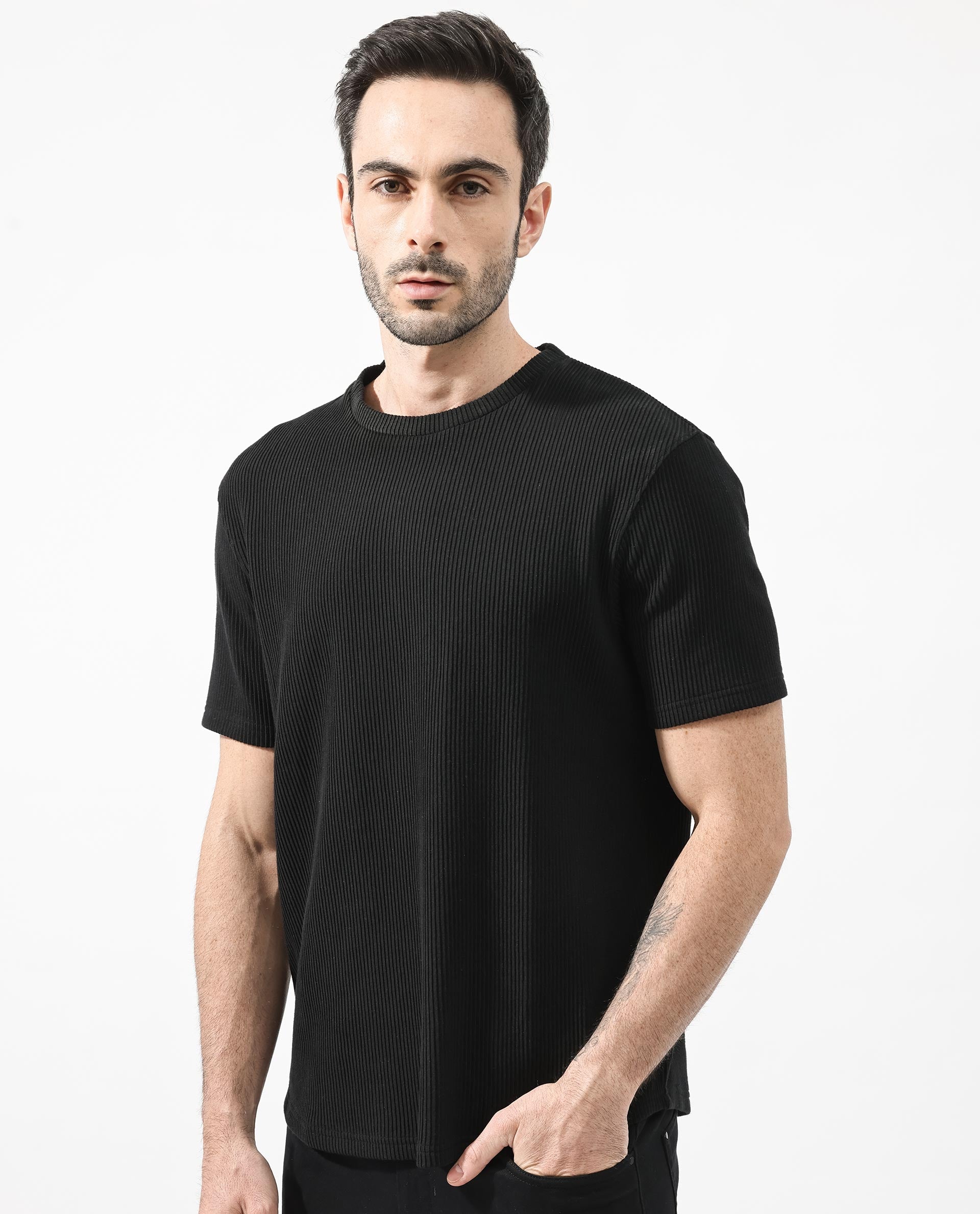 Rare Rabbit Men's Bree Black Crew Neck Ottoman Textured Drop Shoulder Half Sleeves Oversized Fit T-Shirt - view 3