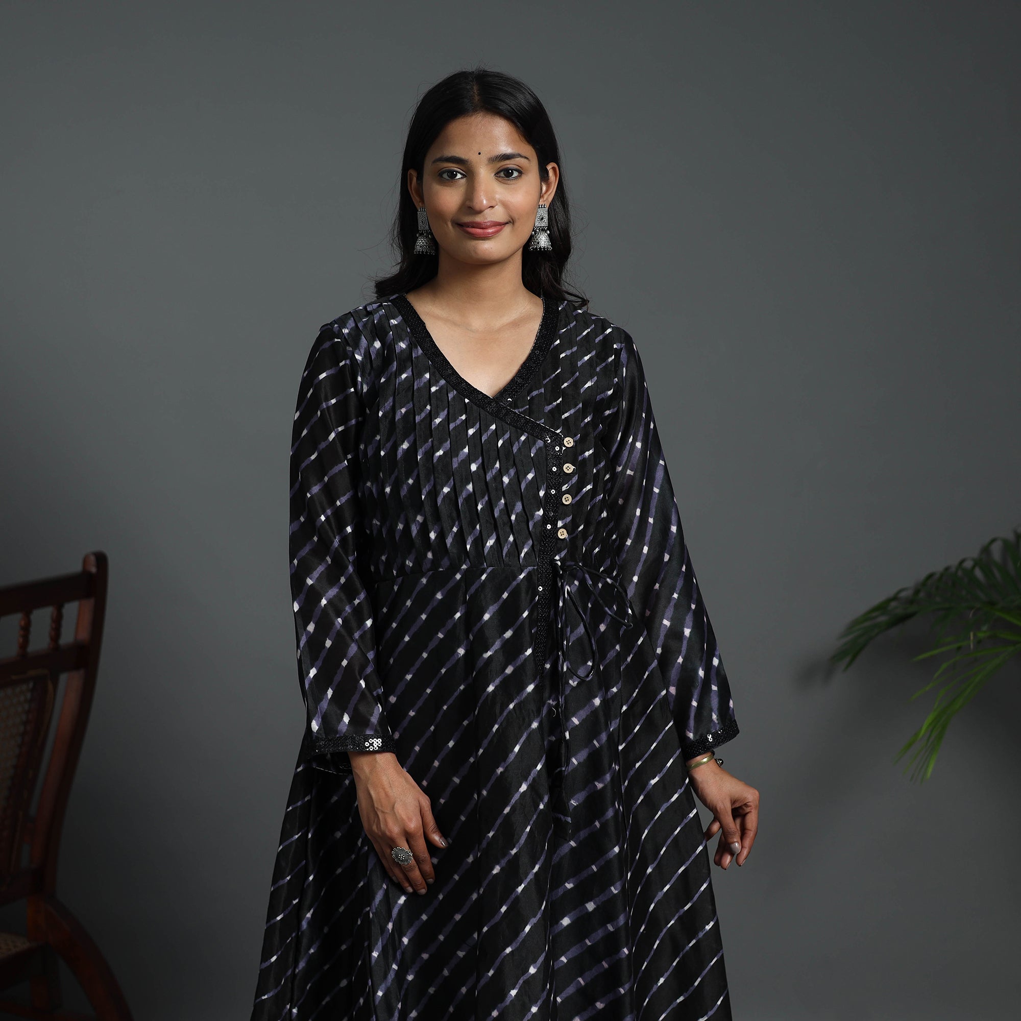 ITOKRI CASUALS Black - Angrakha Handloom Chanderi Silk Tie-Dye Leheriya Kurta 02 - view 2