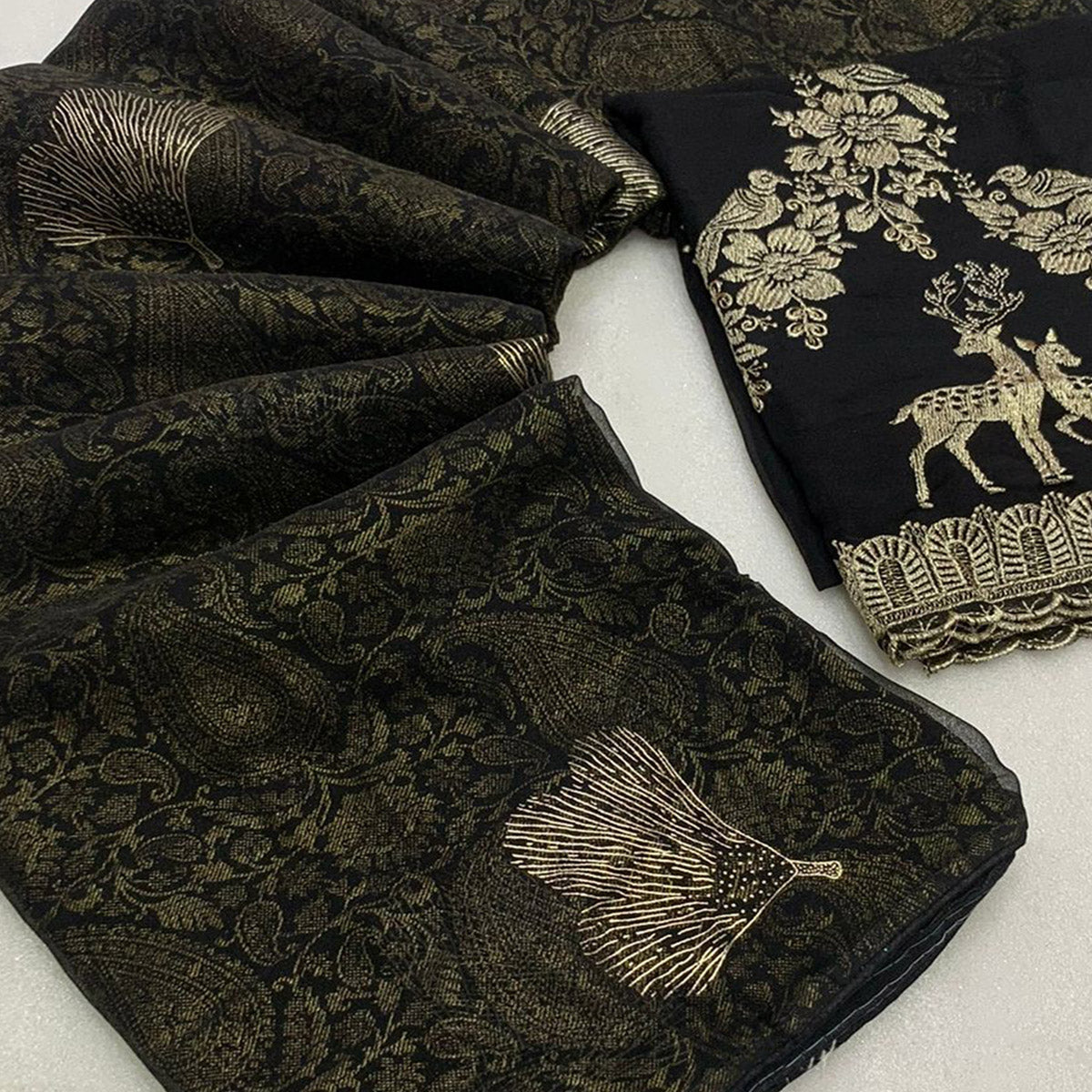 Peachmode Black Foil Printed Georgette Saree – Women's - view 2