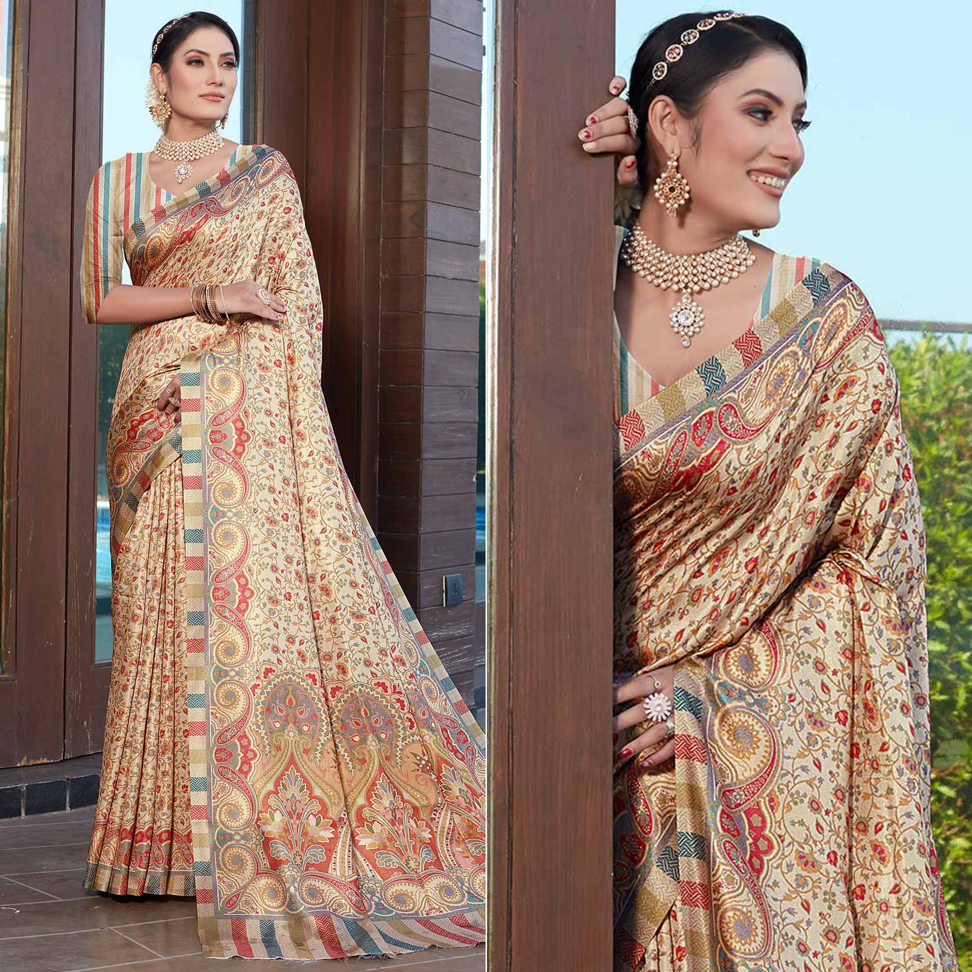 Peachmode Cream Digital Printed Pashmina Saree