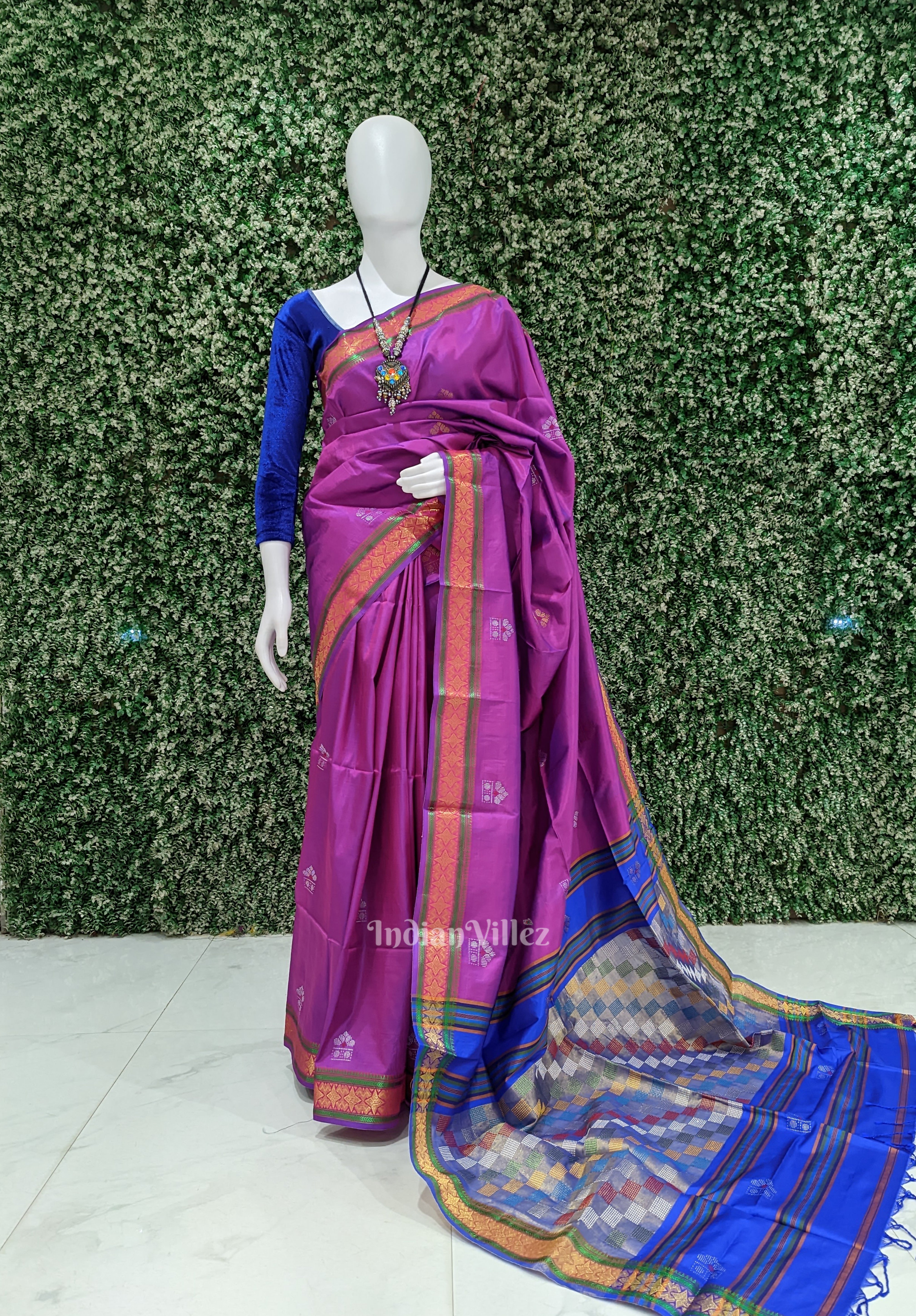IndianVillèz Soft Maroon With Blue Pure Bishnupuri Silk Saree