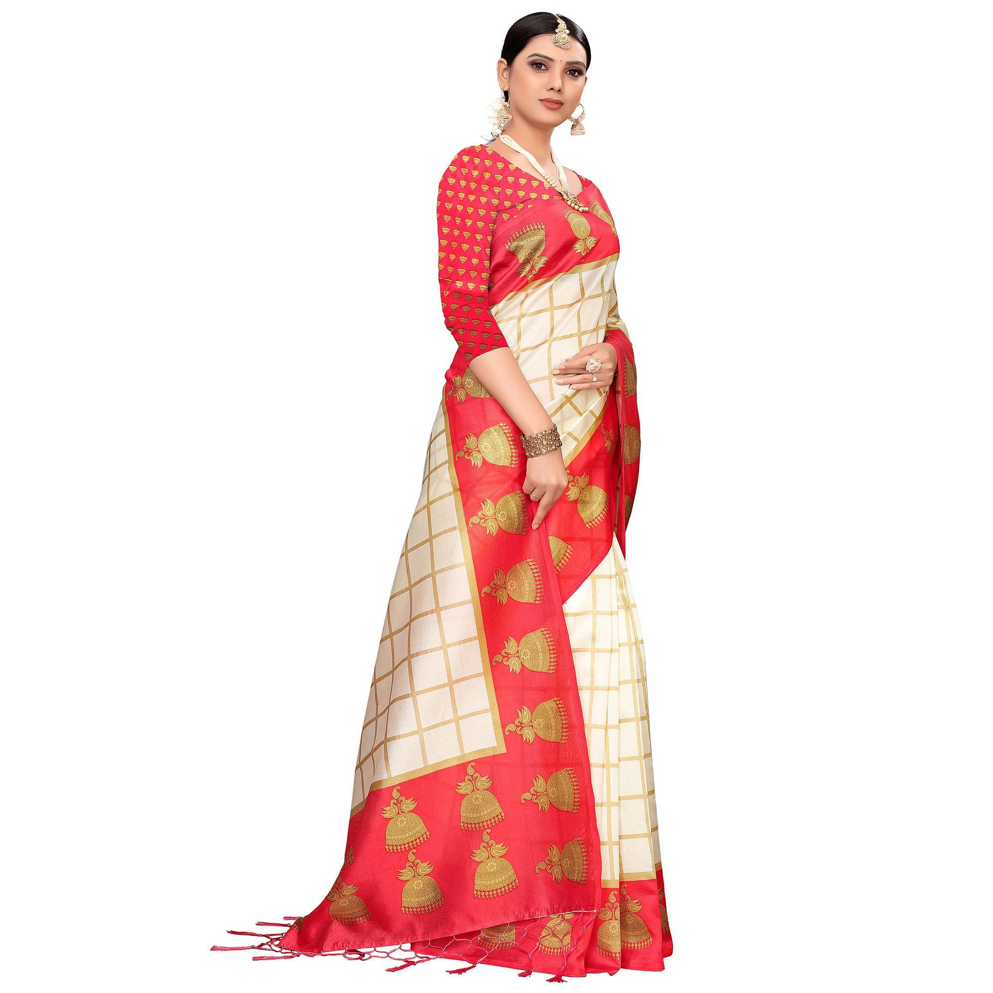 Peachmode Charming Off White-Red Colored Festive Wear Printed Mysore Silk Saree - view 4