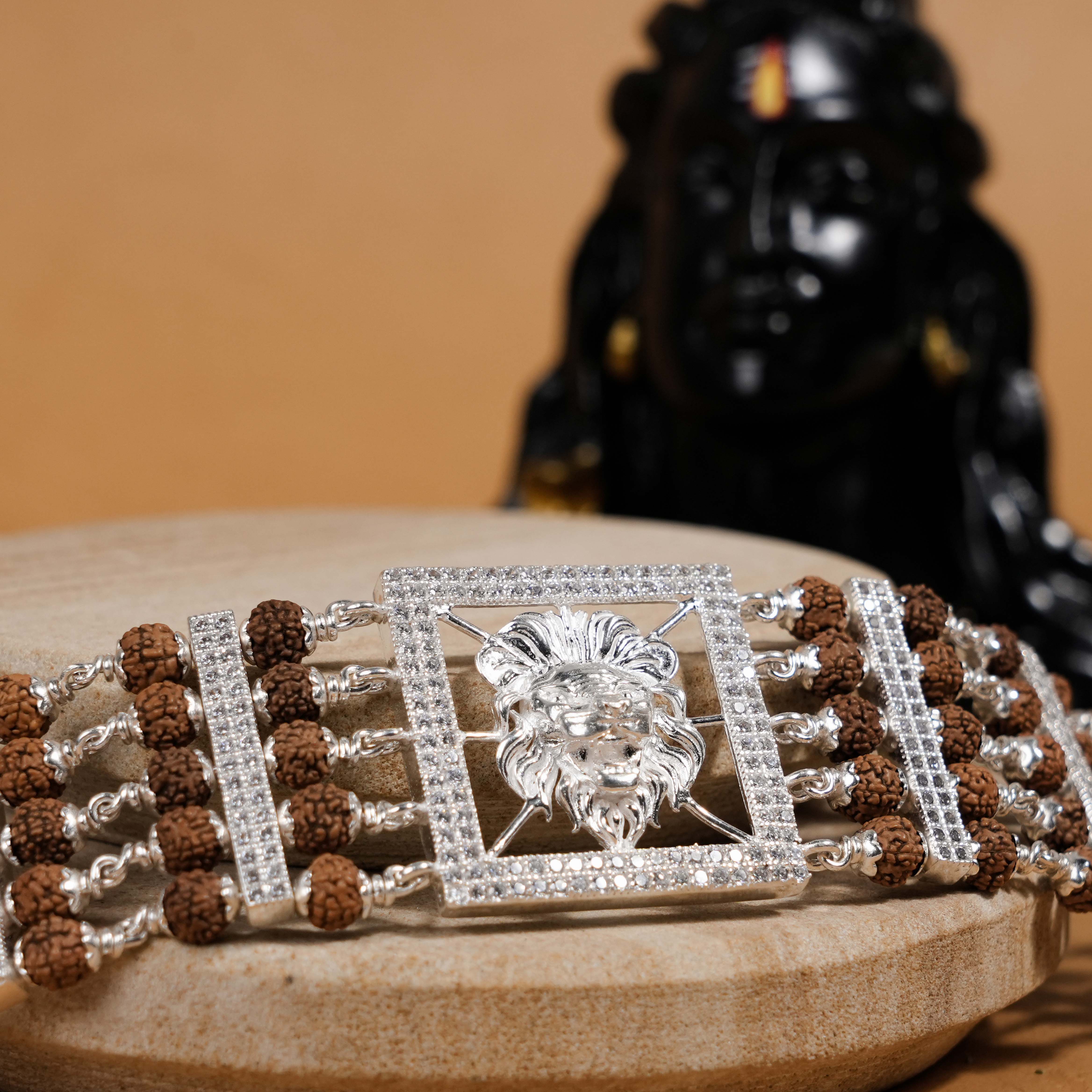 Prinjal Jewellers Rudraksha Silver Roaring Lion Five Lines Bracelet