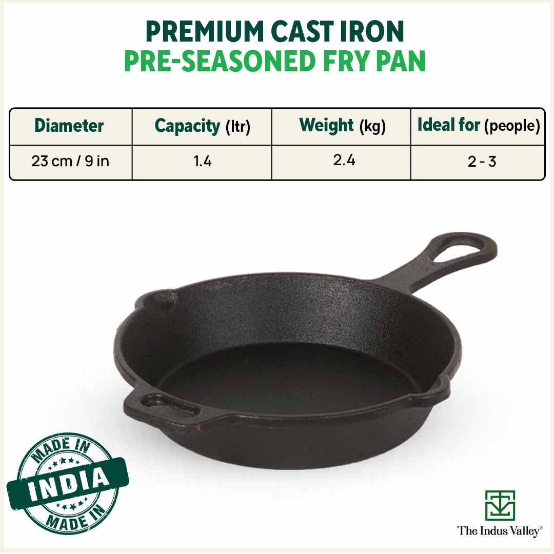 The Indus Valley CASTrong Cast Iron Fry Pan/Skillet,Pre-seasoned, Nonstick, 100% Pure, Toxin-free, Induction, 23cm, 1.4L, 2.4kg - view 3