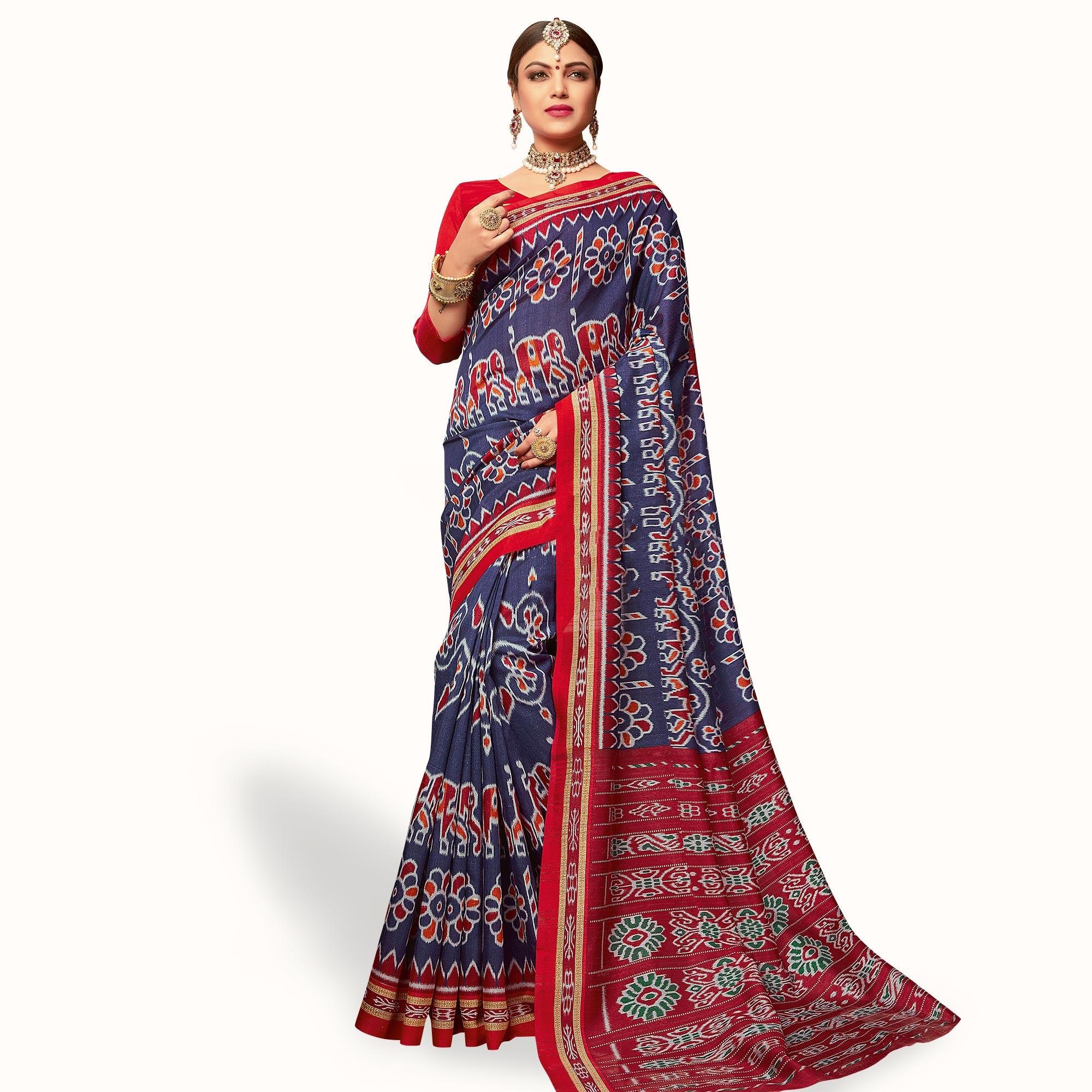 Peachmode Delightful Navy Blue Colored Casual Wear Printed Art Silk Saree