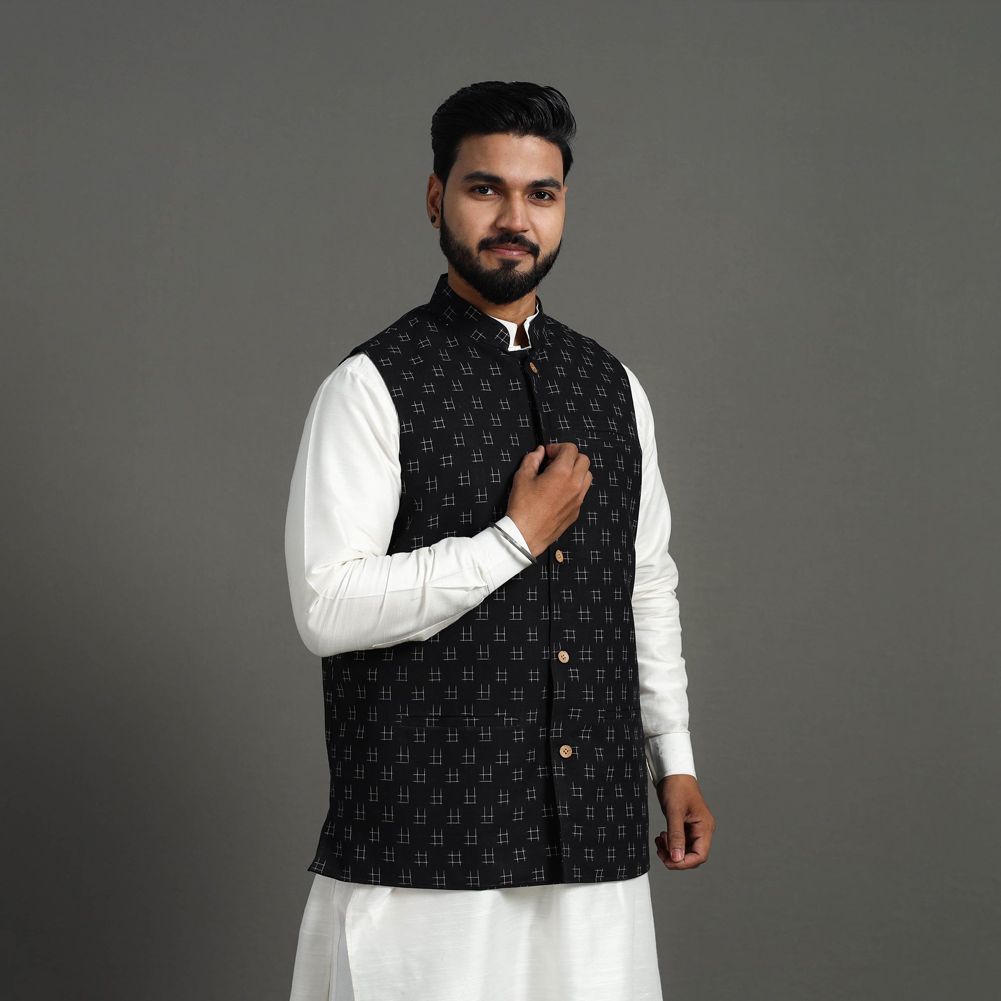 ITOKRI CASUALS Black - Pochampally Double Ikat Handloom Cotton Men Nehru Jacket 06 - view 2