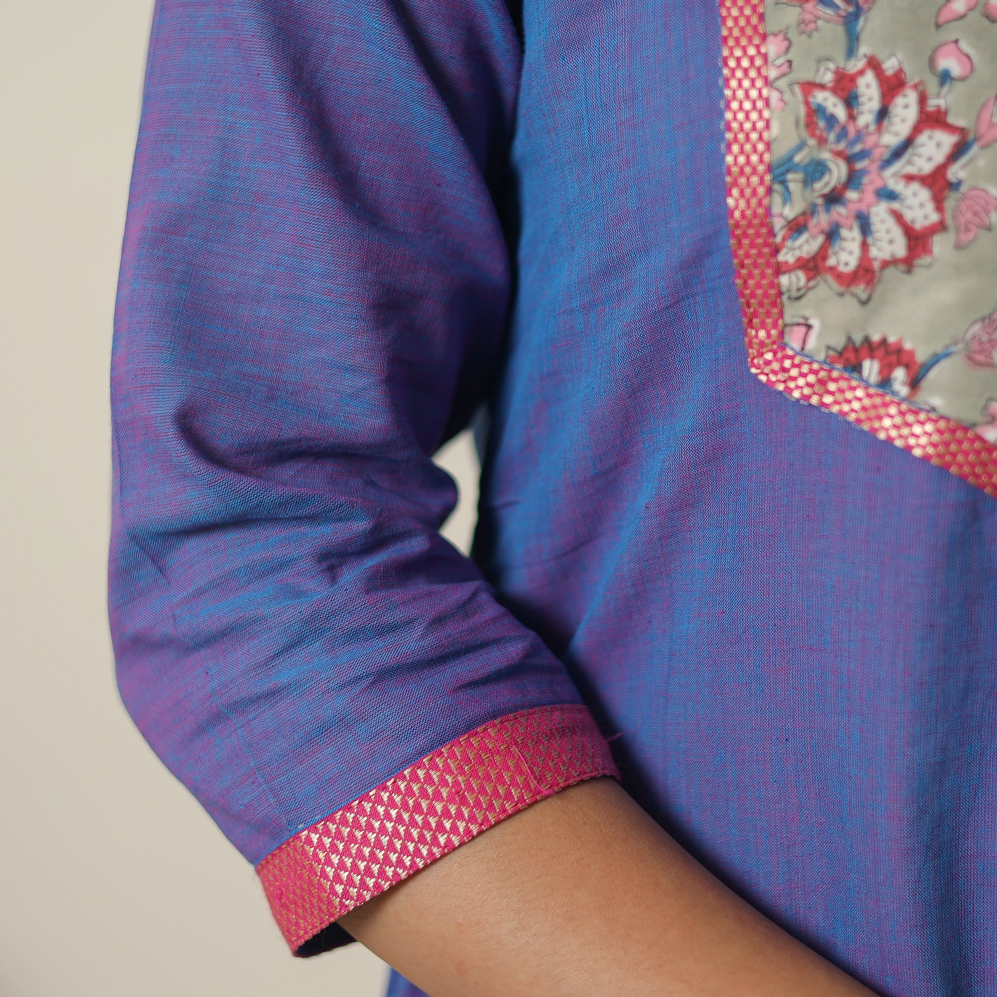 ITOKRI CASUALS Blue - Dharwad Cotton Straight Kurta with Sanganeri Patchwork 02 - view 6