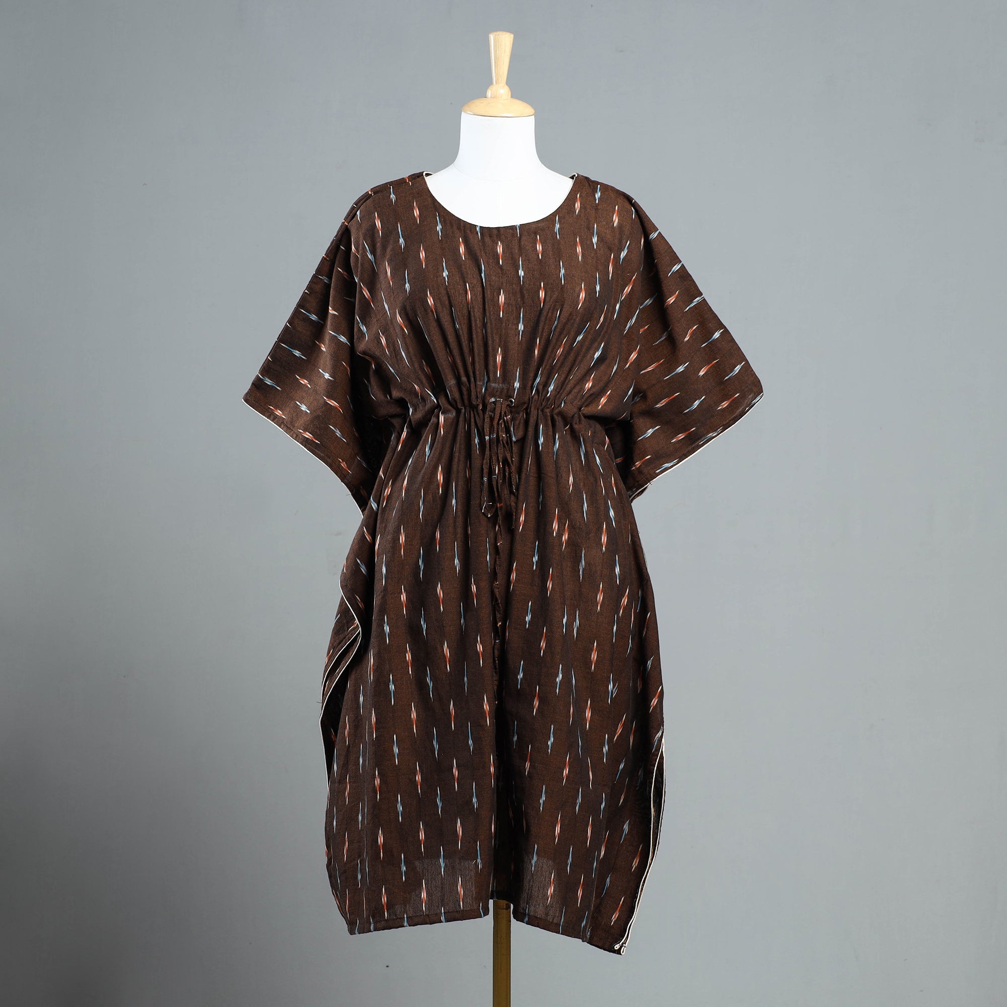 ITOKRI CASUALS Brown - Pochampally Ikat Cotton Kaftan with Tie-Up Waist (Medium)