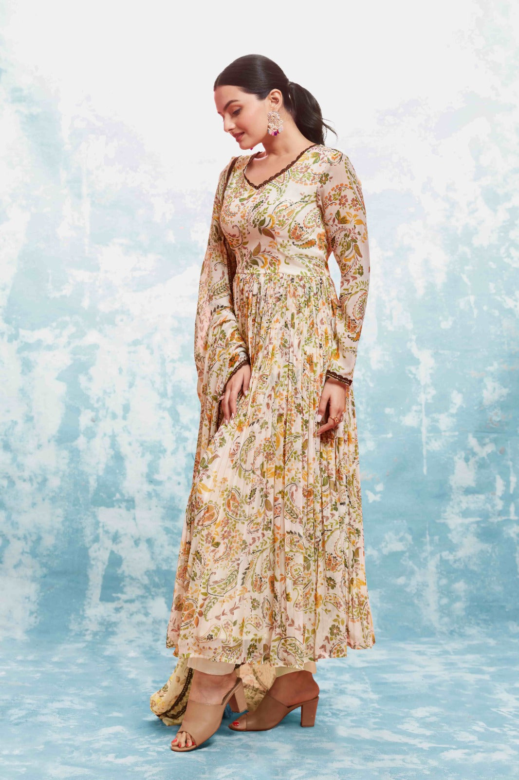 ClothsVilla Beige Georgette Printed Suit Set | Fully Stitched & Ready to Wear - view 5