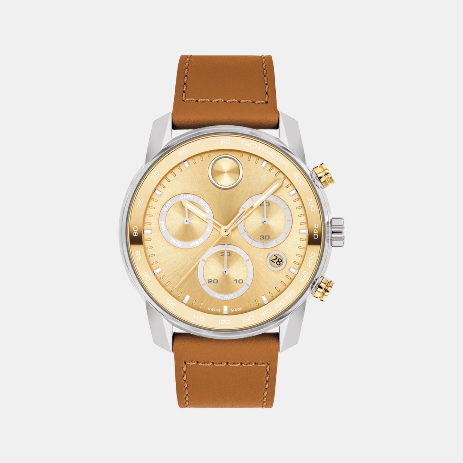 Movado Bold Verso Men Quartz Gold Dial Chronograph Leather Watch 3600908