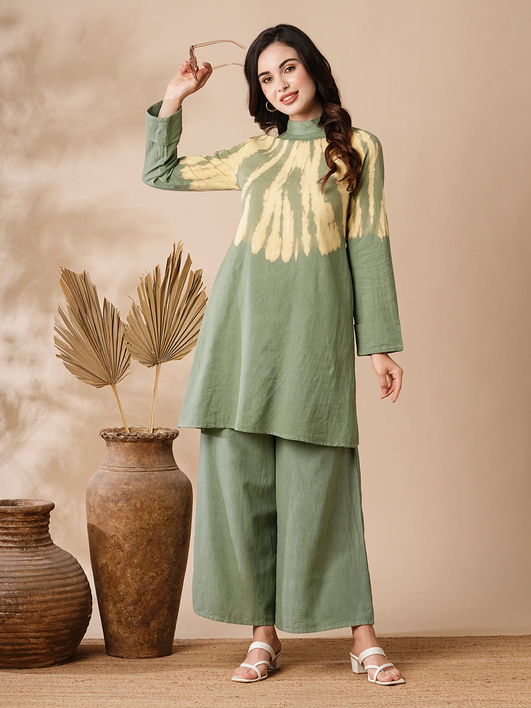Fashor Shibori Dyed A-line Kurti with Palazzo Co-ord Set - Olive & Yellow