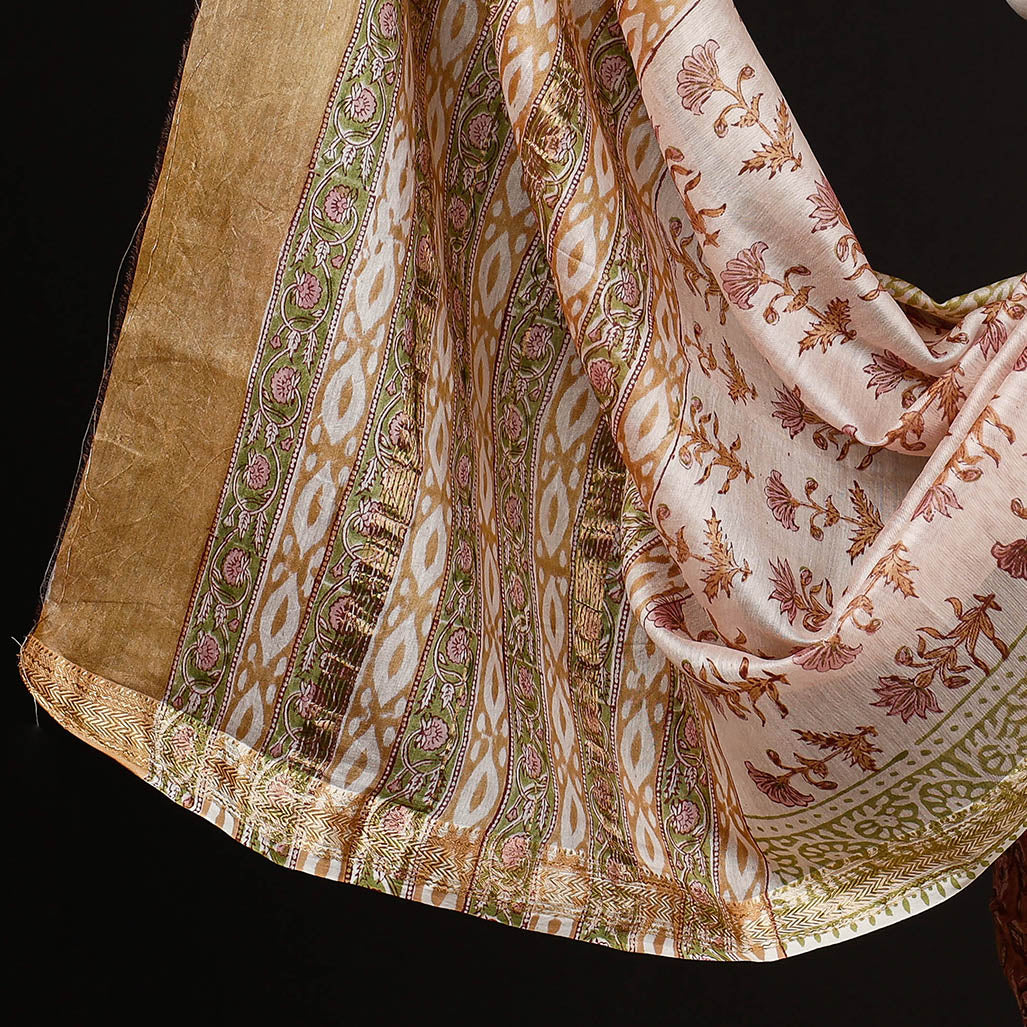 ARTISAN HAND BLOCK PRINTS Brown - 3pc Sanganeri Block Printed Maheshwari Silk Suit Material Set - view 4