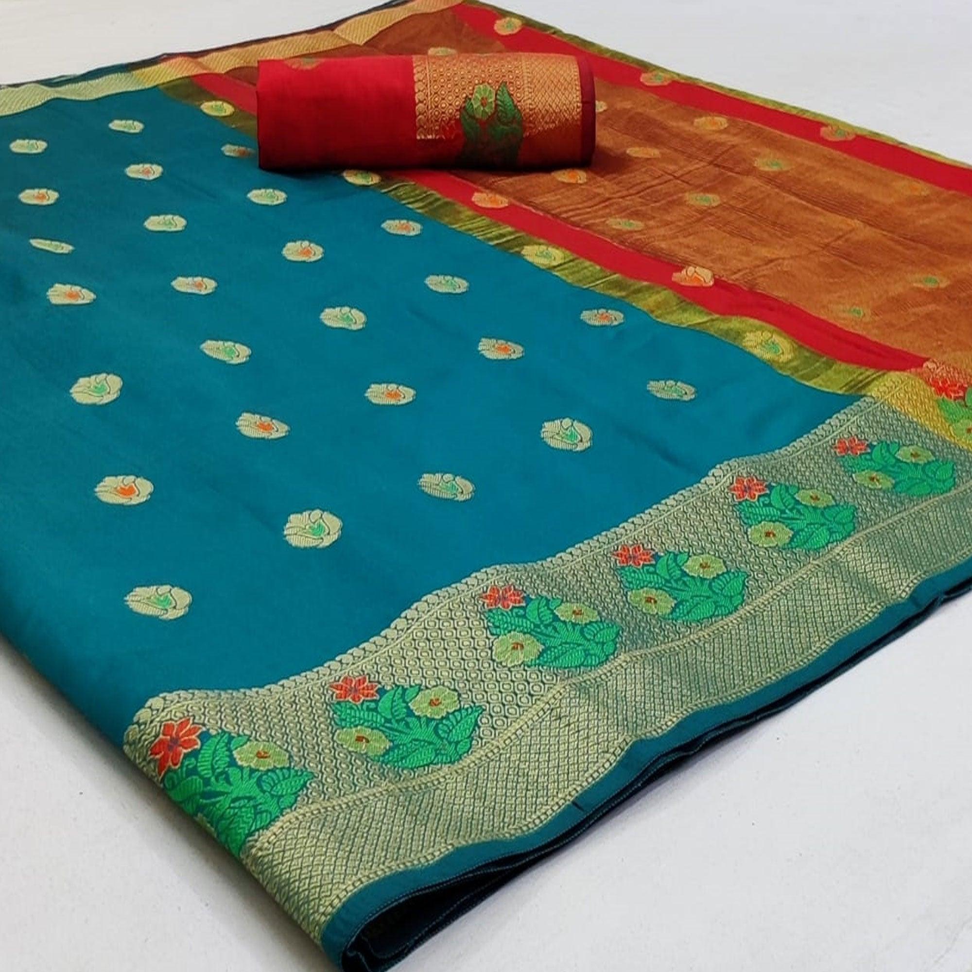 Peachmode Glorious Blue Colored Festive Wear Woven Soft Silk Saree