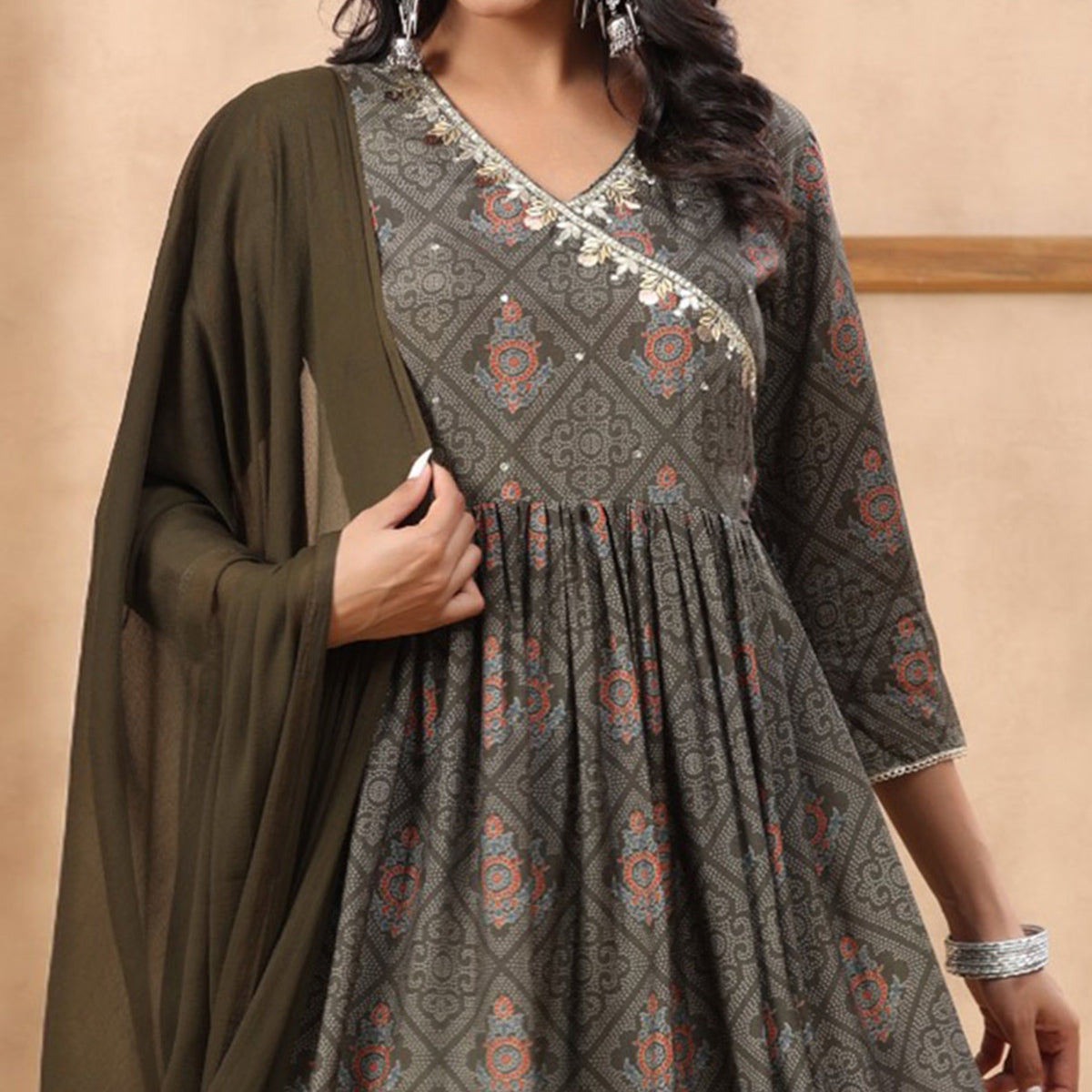 BlackTree grey-printed-with-sequins-work-muslin-anarkali-suit - view 3